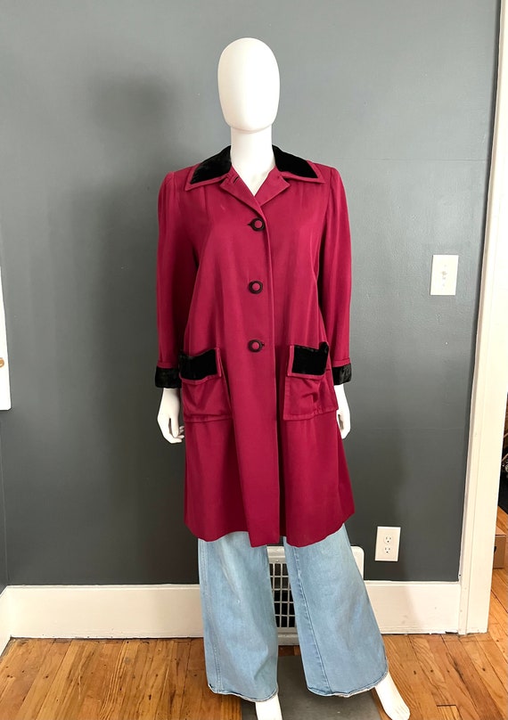 1940’s Burgundy Wool Gab Coat Black Velvet Accents