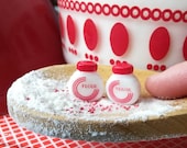 Dollhouse miniature kitchen canister set, shaker, Vitrock inspired retro red circle or tulip spice container jar, sugar and flour