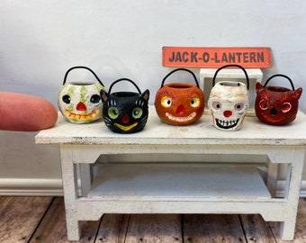 Vintage style pumpkin bucket, 1:12 Dollhouse Miniature Halloween, jack o lantern, skeleton, cat, fall, Halloween, autumn decor, candy pail