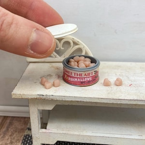 1:12 Valentine’s Marshmallow tin Dollhouse Miniature kitchen pantry accessory winter decor, heart shaped marshmallows