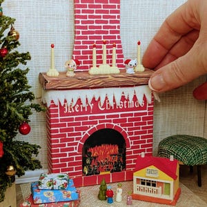 1:12 Casa de bonecas em miniatura para impressão Vintage Natal Lareira de papelão Mantle, chaminé Faça você mesmo download instantâneo