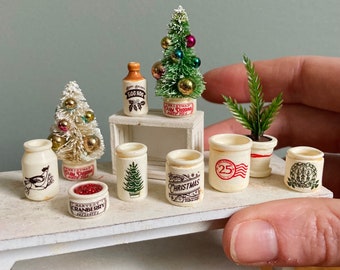 Dollhouse Miniature Christmas Crock, kitchen mini food decor, Tree, Wreath, Egg nog, 1:12 scale, Vintage French Jar, English  pottery