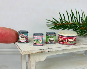 1:12 Christmas Candy and spice tins Dollhouse Miniature kitchen pantry accessory, Christmas, winter decor