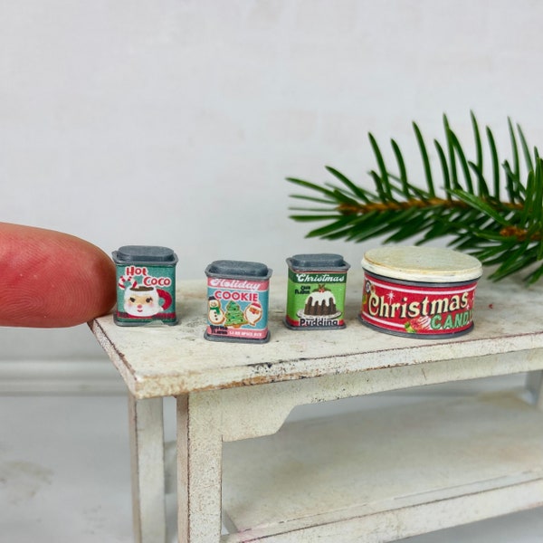 1:12 Christmas Candy and spice tins Dollhouse Miniature kitchen pantry accessory, Christmas, winter decor