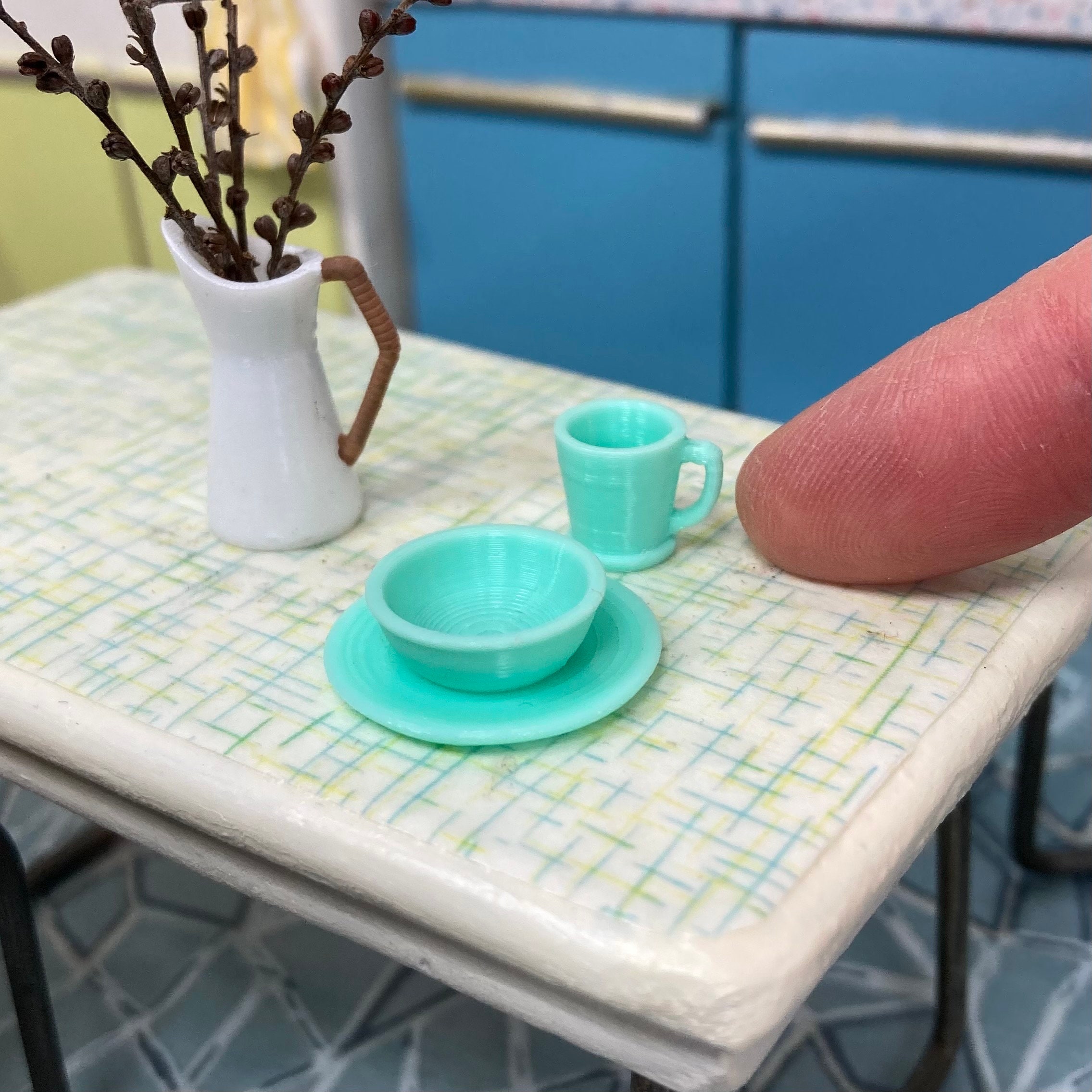 1:12 Dollhouse Miniature Jadeite Place setting dishes, plate, bowl, mug
