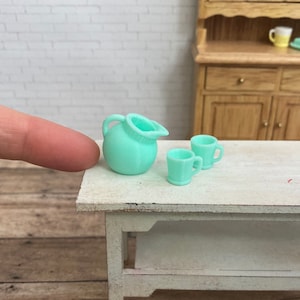 Pitcher and 2 mugs in jadeite green - Dollhouse Miniature retro vintage kitchen, looks like Fireking  Ball pitcher