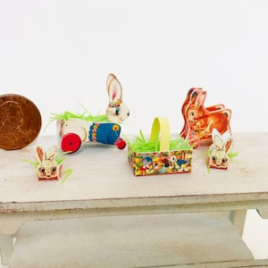 Pasen afdrukbare bestanden schaal 1:12 en 1/6 poppenhuisminiaturen vintage konijn trekspeelgoed en paasmandje instant download decoratie