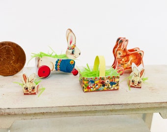 Easter Printable 1:12 and 1/6  scale files  Dollhouse Miniatures Vintage  Bunny Pull toys and Easter basket instant download decoration