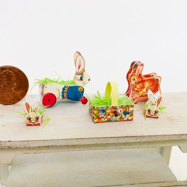 Pascua Imprimible archivos escala 1:12 y 1/6 Dollhouse Miniaturas Vintage Bunny Pull juguetes y cesta de Pascua decoración de descarga instantánea