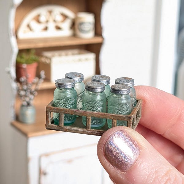 Dollhouse Miniature Teal canning jar set kitchen mini food accessory doll decor, 1:12 scale