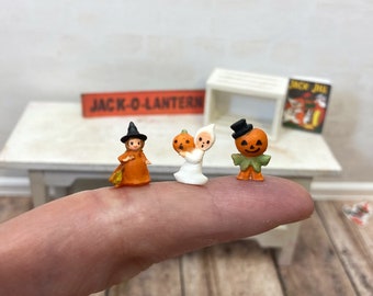 1:12 Dollhouse Miniature Halloween pumpkin scarecrow, ghost with pumpkin, or witch micro accessory, fall, Halloween, autumn decor