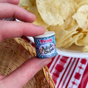 1:12 Potato Chip tin Dollhouse Miniature kitchen pantry accessory, fall, summer picnic, vintage style, mini food for kitchen or pantry