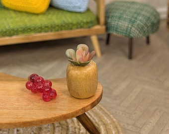 May include: A miniature wooden coffee table with a small succulent in a wooden pot and a cluster of red grapes. The table is in front of a green couch with yellow and blue cushions.