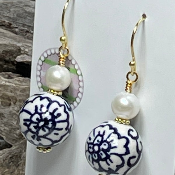 Pearl and Chinoiserie Porcelain Bead Drops
