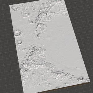 May include: A grayscale 3D rendering of a cratered surface, possibly a moon or asteroid. The surface is covered in craters of various sizes, with some craters appearing to be more recent than others.