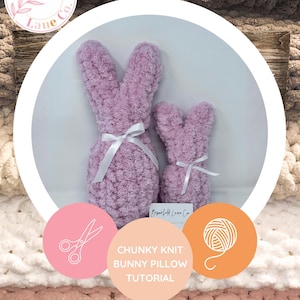 May include: Two lavender chunky knit bunny pillows with white ribbon bows. The image includes the text "CHUNKY KNIT BUNNY PILLOW TUTORIAL" and the logo for Brookfield Lane Co. The background is a neutral-toned, chunky knit blanket.