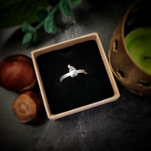 May include: A silver ring with a small, detailed design of a potion bottle. The ring is displayed in a black velvet ring box.