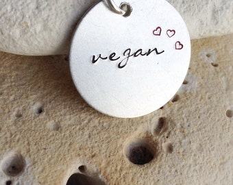Vegan necklace - vegan jewelry - Handstamped vegan animal rights necklace with tiny red hearts on 18" chain