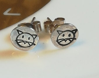 Cat face sterling silver stud earrings, handstamped jewellery, cat jewelry, vegan jewellery
