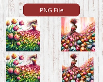 Tulip Girl with Colorful Tulip Skirt Print PNG and JPG Sublimation Design Files