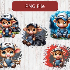 May include: Five digital illustrations of cartoon country boys wearing blue overalls and hats that say "Country Boy". The boys are all different colors and have different expressions. The illustrations are set against different backgrounds, including a farm scene, a forest scene, and a splash of color.