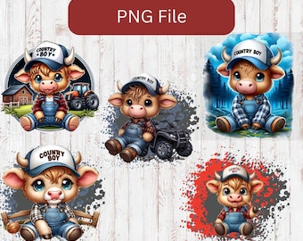 Country Boy Cow Highland Cow PNG Sublimation Design Files Kids Western