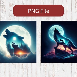 May include: A digital art print featuring a wolf howling at the moon. The wolf is silhouetted against a full moon, with a forest scene inside the wolf's body. The background is a dark blue sky with clouds.