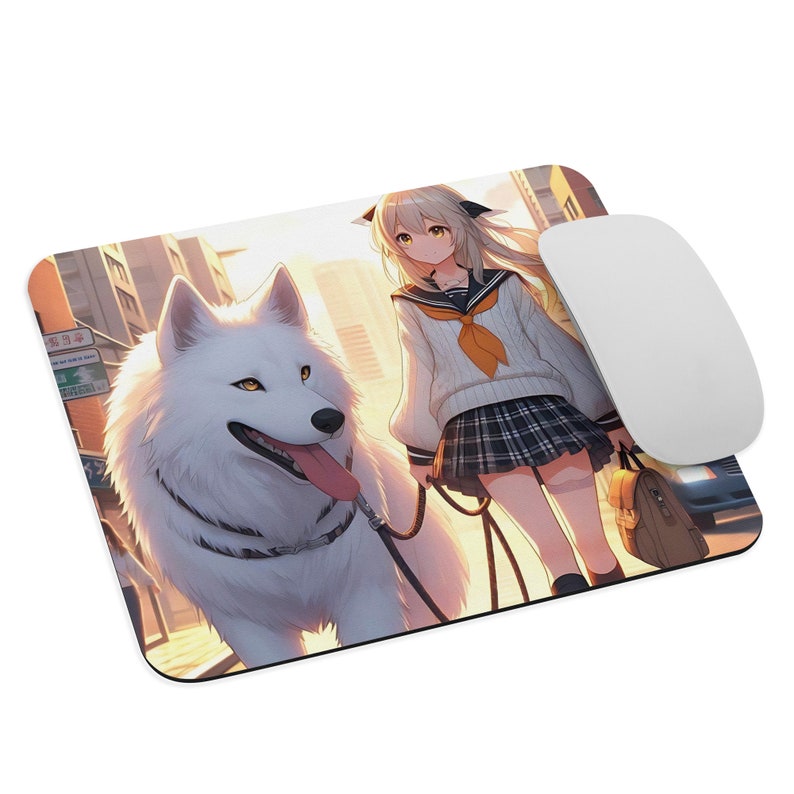 Anime Mouse pad Lofi Girl Walking Down the Street with a White Wolf Desk Decor