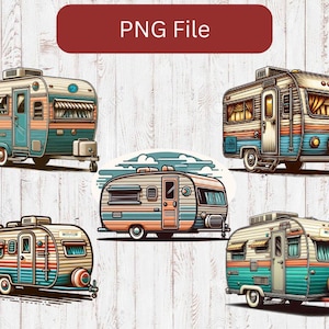 May include: A collection of vintage camper illustrations in teal, orange, and cream colors. Each camper has a unique design, with awnings, windows, and doors. The text "PNG File" is displayed in a maroon banner at the top.