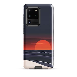 May include: A phone case featuring a sunset over the ocean design. The case is black with a white beach and a red-orange sun.