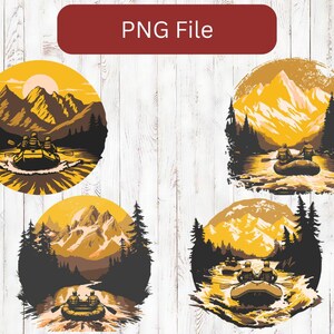 May include: Four illustrations of people in a raft on a river with mountains in the background. The illustrations are in a cartoon style and have a yellow, orange, and brown colour scheme.
