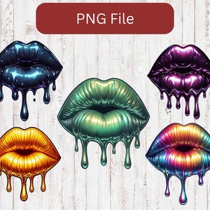 May include: Six different digital illustrations of dripping lips in various colors, including blue, purple, green, gold, and iridescent.