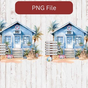 Può includere: Un'illustrazione ad acquerello di due case da spiaggia blu con finiture bianche e il testo "Nana's Place" sopra le porte. Le case sono circondate da palme e sabbia.