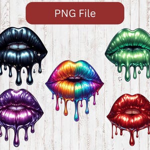 May include: Six digital illustrations of dripping, glossy lips in various colors. The lips are black, green, orange and blue, purple, and red.
