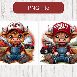 Country Boy Cow Highland Cow PNG Sublimation Design Files Kids Western