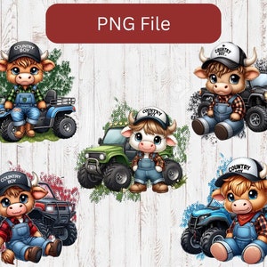 May include: A digital illustration featuring cartoon bulls in overalls and baseball caps with "COUNTRY BOY" text. Each bull is with a different coloured ATV or truck. The image is set against a white wood grain background.