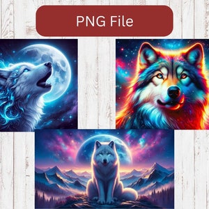 May include: Three digital art prints featuring wolves in different settings. The first print shows a white wolf howling at a full moon with blue and purple nebulae in the background. The second print shows a colorful wolf with blue, red, and yellow fur against a starry background. The third print shows a white wolf sitting in a snowy mountain landscape with a full moon in the background.