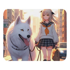Anime Mouse pad Lofi Girl Walking Down the Street with a White Wolf Desk Decor