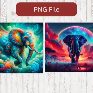Puede incluir: Dos impresiones de arte digital con elefantes coloridos. La primera impresión muestra un elefante azul y naranja con patrones en espiral, sobre un fondo azul y verde. La segunda impresión muestra un elefante azul caminando hacia una gran luna colorida, sobre un fondo rojo y morado.