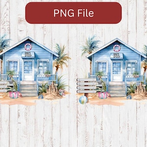 May include: A digital illustration of two blue beach houses with white trim and red roofs. Each house has a sign that reads "Gigi's Goods". The houses are surrounded by palm trees, sand, and beach accessories.