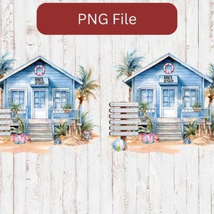 Può includere: Illustrazione ad acquerello di due identiche capanne sulla spiaggia blu con porte e finestre bianche, palme e un cartello con la scritta "Gigi's Place". Le capanne sono su una spiaggia sabbiosa con un pallone da spiaggia, infradito e una borsa rosa.