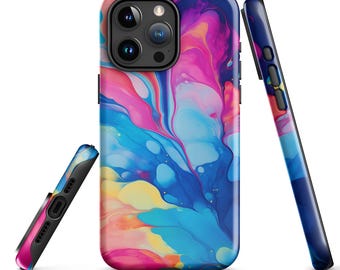 May include: A colorful phone case with a blue, pink, and yellow abstract swirl design. The case has a raised camera bump and a black border.