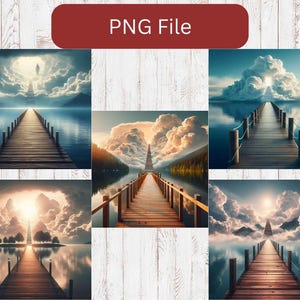 May include: A digital illustration of six different pathways leading to a bright light in the sky. Each pathway is a wooden walkway over a body of water. The sky is filled with fluffy white clouds.