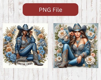 Strasscowgirls i denim och stövlar med blommor 300 DPI PNG sublimeringsdesignfil