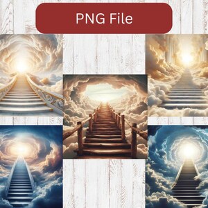 Pode incluir: Uma colagem de cinco imagens que retratam uma escada para o céu. Cada imagem apresenta uma perspectiva diferente de uma escada que leva a uma luz brilhante nas nuvens. As escadas são feitas de diferentes materiais, incluindo pedra e madeira.