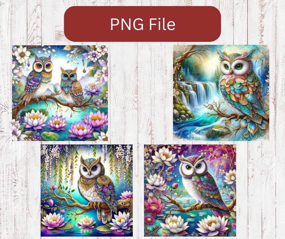 Beautiful and Bold Jeweled Owl Bundle Print PNG Sublimation Design file Lotus Bloom