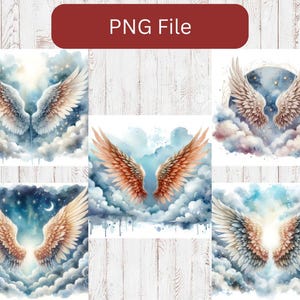 May include: Six digital illustrations of watercolor angel wings against a background of clouds and stars. The wings are in various colors, including white, gray, and brown.