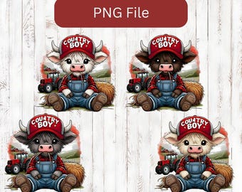 May include: Four cartoon images of a Highland cow wearing a red "Country Boy" cap, red plaid shirt, and blue overalls. Each cow is sitting with a tractor in the background. The images are on a white wood-grain background. The text "PNG File" is at the top.