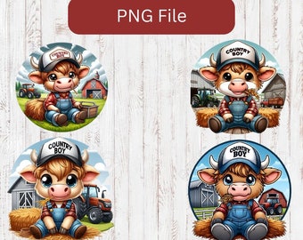 May include: Four circular illustrations of a cartoon calf wearing a "Country Boy" hat and overalls. Each calf is set against a farm scene with a barn, tractor, and hay bales. The text "PNG File" is at the top.