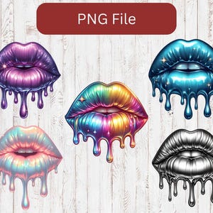 May include: Five digital illustrations of dripping lips in different colors. The lips are iridescent and have a glossy finish. The colors are purple, blue, rainbow, pink, and black.